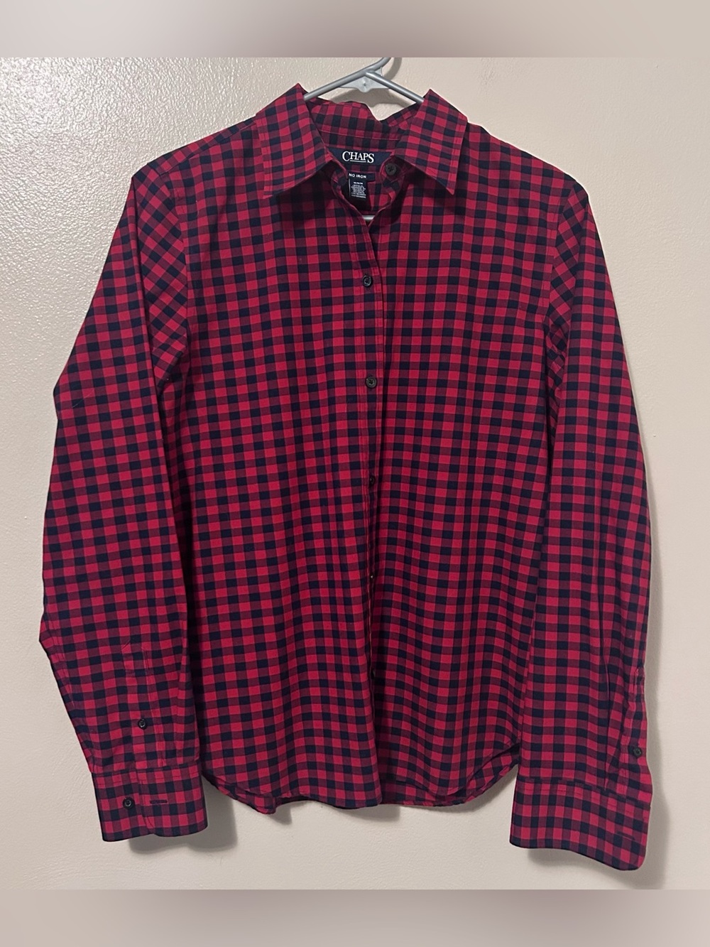 Chaps No-Iron Red and Navy Gingham Button-Down Shirt